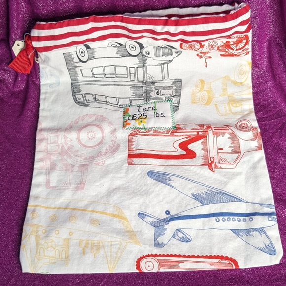 Reusable fabric produce bag with tare weight- trucks and red stripes - Picture 4 of 6